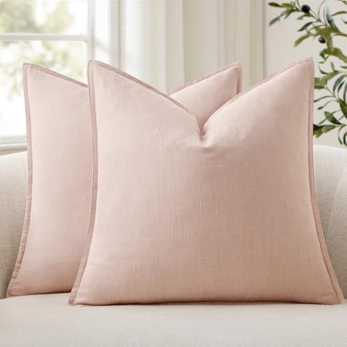 ANRODUO Pack of 2 Decorative Linen Pillow Covers Light Pink Neutral Farmhouse Boho Soild Cushion Case Soft Accent Pillowcase for Couch Sofa Bedroom Living Room Spring Home Decor 20 x 20 Inch