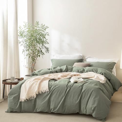 BDEAR Linen Feel Duvet Cover Queen Size, 100% Washed Cotton Comforter Cover 90x90inch with Zipper Closure Plus 2 Pillowcases, Solid-Heathered Green