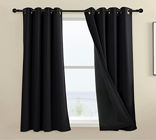 Rutterllow 100% Blackout Curtain 2 Panels,Heat and Full Light Blocking Drapes with Grommets for Bedroom, Black Thermal Insulated Window Treatment Drapes for Living Room(Black,52x36 inch)