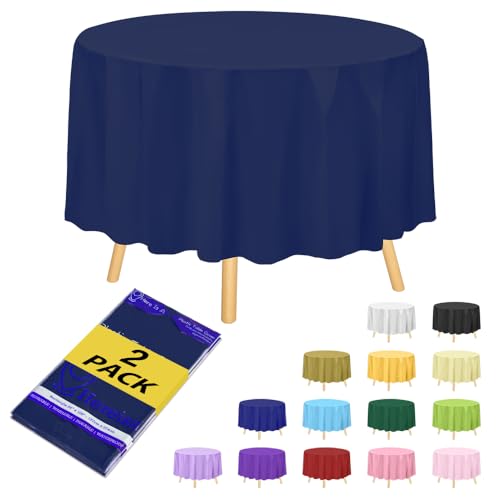 Hereisa Premium Navy Blue Plastic Table Cloth Disposable (2 Pack) Round Tablecloth (84in) Party Table Cloths Disposable, Perfect Table Cloth Round Cover for Any Table Up to 6 Feet