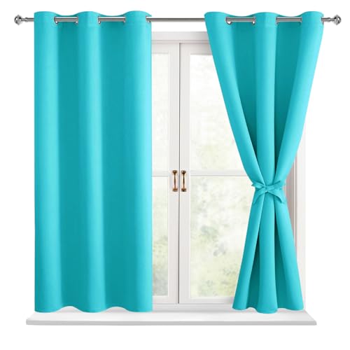 Hiasan Short Blackout Curtains for Bedroom - Thermal Insulated & Light Blocking Window Curtains for Living Room, 2 Drape Panels Sewn with Tiebacks, Turquoise, 38 x 45 Inch