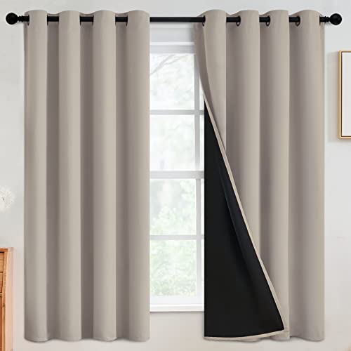 SimpleHome 100% Blackout Curtains for Bedroom,Thermal Insulated Natural Grommet Window Drapes Room Darkening Curtains for Living Room with Black Back,52 x 63 Inch,2 Panels