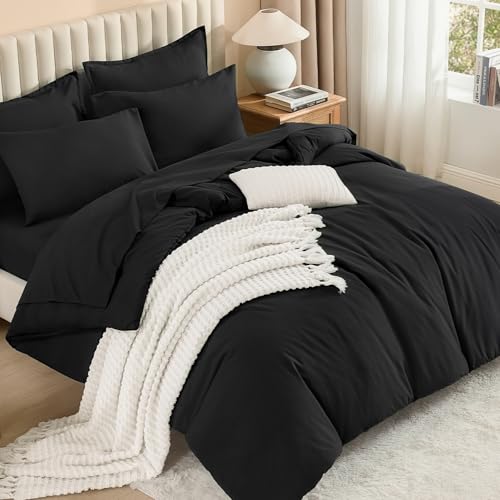 Litanika Black King Comforter Set with Sheets - 7 Pieces Solid Bed in a Bag - Fluffy Lightweight Soft Warm Down Alternative Solid All Season Bedding Set