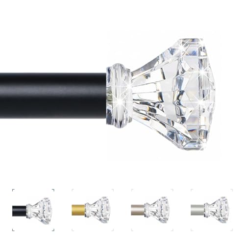 TVWOO Black Curtain Rods 48 to 84 Inch,3/4 Inch Adjustable Curtain Rod Set,Modern Single Window Curtains Rods,Heavy Duty Curtain Rods,Acrylic Diamond Finials Decorative Drapery Rods 36-88???,Matte Balck