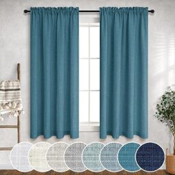 Mrs.Naturall Teal Blue Curtains 45 Inche Length for Kitchen Boho Farmhouse Decor 2 Panel Rod Pocket Linen Semi Privacy Lightweight Turqoise Peacock Teal Sheer Curtain for Bedroom Bathroom Short Window