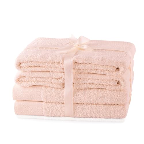 AmeliaHome Amari Hand Towel Set Light Pink 4 Hand Towels 50 x 100 cm and 2 Bath Towels 70 x 140 cm 100% Cotton Quality Absorbent Pink