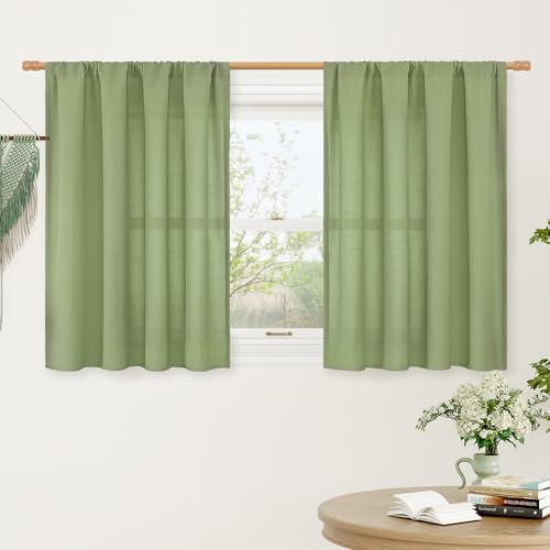 LAMIT Kitchen Linen Curtains 36 Inch Length, Light Filtering Linen Textured Panels Rod Pocket Boho Short Privacy Drapes for RV Basement/Small Windows/Cafe, 2 Panels, 42 x 36 Inch, Sage Green
