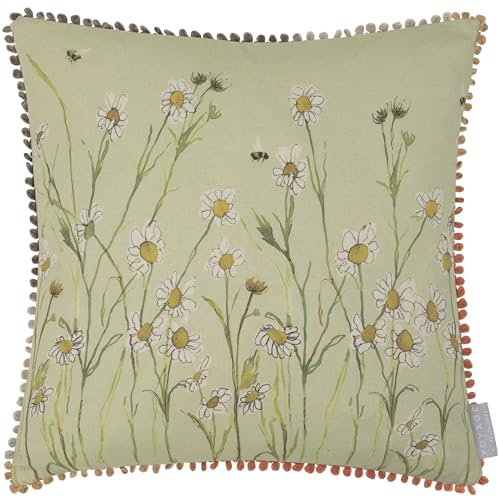 Voyage Maison Ellaphie Cushion Cover – Watercolour Wildflowers Honey Bees Cotton Blend Country Style Decorative Case (Sage - 50x50cm)