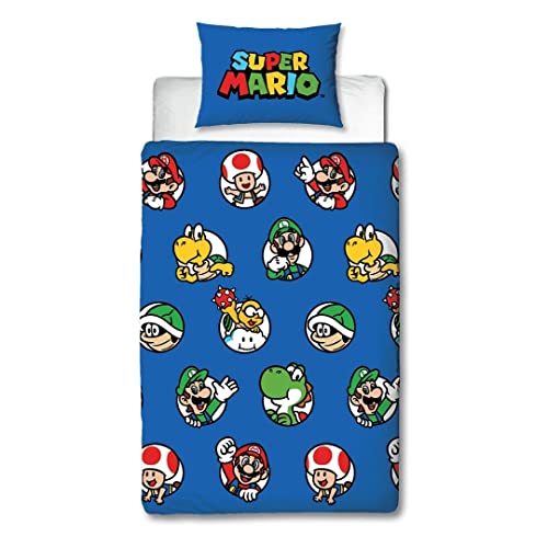 Nintendo Super Mario Official Single Duvet Cover Set, Continue Design - Blue Reversible 2 Sided Bedding Cover Official Merchandise Including Matching Pillow Case