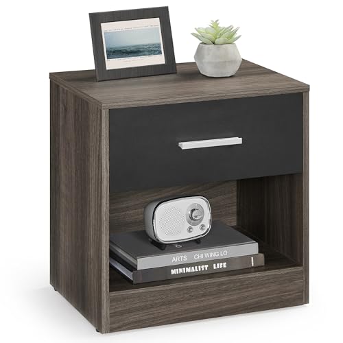 VASAGLE Bedside Table with Drawer, Handle, Open Compartment for Bedroom, Living Room, Chestnut Brown and Ink Black LET619K74