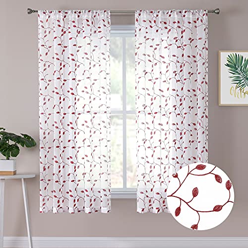 Tollpiz Leaves Short Sheer Curtains Burgundy Red Leaf Embroidery Bedroom Curtain Rod Pocket Voile Faux Linen Embroidered Leaves Curtains for Living Room, 54 x 45 inches Long, Set of 2 Panels