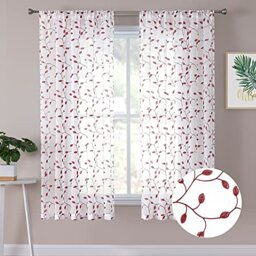 Tollpiz Leaves Short Sheer Curtains Burgundy Red Leaf Embroidery Bedroom Curtain Rod Pocket Voile Faux Linen Embroidered Leaves Curtains for Living Room, 54 x 45 inches Long, Set of 2 Panels