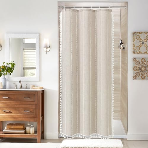 MitoVilla Beige Boho Small Stall Fabric Shower Curtain 36 x 72, Cream Half Size Narrow Cotton Linen Tassel Cloth Shower Curtains for Chic Modern Farmhouse Country Bathroom Decor