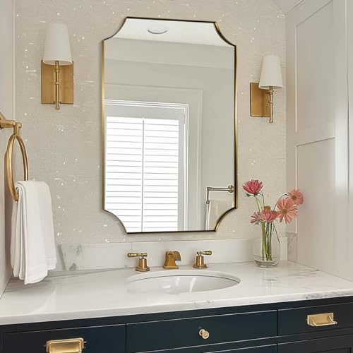 ANDY STAR Gold Scalloped Rectangle Mirror, 24x36 Inch Rectangle Bathroom Mirror, Accent Rectangular Mirror with Scalloped Edge Corner, Brass Bathroom Mirror with Anti-Rust Finish, Horizontal/Vertical