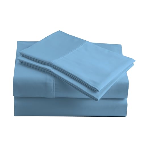 Peru Pima 415 Thread Count Percal Twin Sheet Set - 100% Peruvian Pima Cotton, 3 Piece (Flat, Fitted, 1 Pillowcase) - Cooling, Crisp, Deep Pocket, Hotel Quality Bedding - Sky Blue