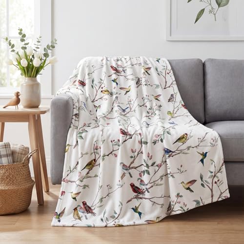 Horaldaily Spring Summer Birds Branch White Flannel Throw Blanket 50x60 - All Season Using Ultra Soft Fuzzy Plush Cozy Non-shedding Blanket for Couch Sofa Bed Camping, Ideal Gift for Kids Adults