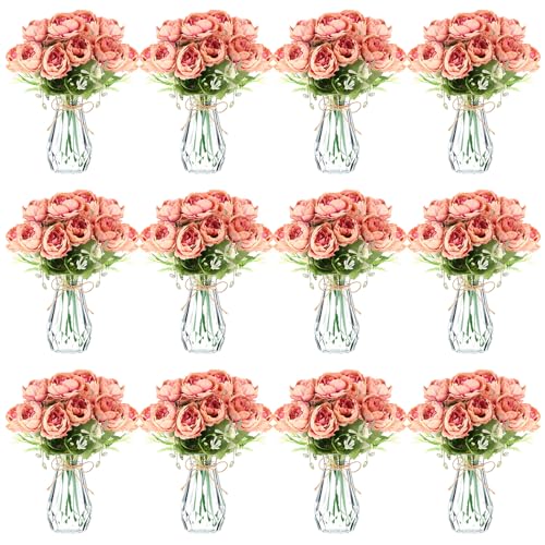 Zeyune 37 Pack Artificial Peonies Flowers with Bud Vase Bulk 24 Bundles Silk Peonies Bouquets 12 Plastic Clear Vase with 1 Rope Fake Flowers for Table Centerpiece Vases(Coffee,Perfume)