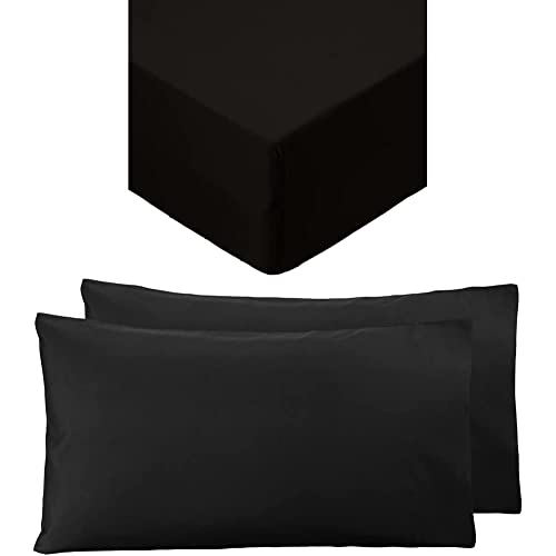 Amazon Basics Microfibre Fitted Sheet, Single, Black & Microfiber Pillowcases, Black – Set of Two