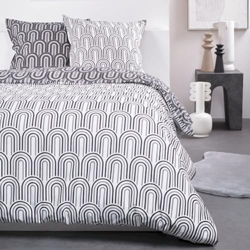 TODAY Sunshine Double Duvet Cover Set Geometric Printed Rounded Cotton - White and Grey - 220 x 240 cm