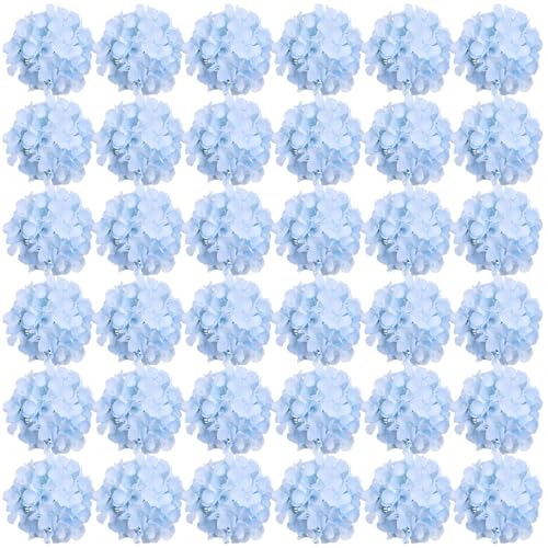 FagusHome Silk Hydrangea Heads 36 Pcs Artificial Flowers Heads and 3 Dozens Stems Fake Hydrangea Flowers with Stems for Home Wedding Decor (Light Blue)