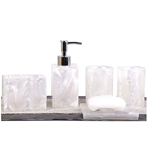 Resin Soap Dish, Soap Dispenser, Toothbrush Holder & Tumbler Bathroom Accessory 5 Piece Set (white)