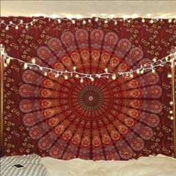 Bless International Handmade Indian hippie Bohemian Psychedelic Peacock Mandala Wall hanging College Dorm Beach Throws Table Cloth Bedding Tapestry (Maroon Yellow, Twin(54x72Inches)(140x185cms))