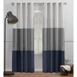 "Exclusive Home Chateau Striped Faux Silk Grommet Top Curtain Panel Pair, 54""x108"", Navy/Grey"