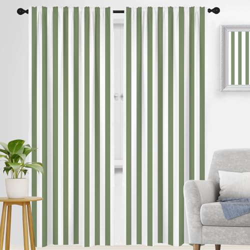 "zokyer Green Striped Window Curtain Long Farmhouse Patterned Modern Sage Light White Simple Trendy Art Retro Rustic Neutral Mint 42"" W x 84"" L for Bedroom Living Room 2 Panels Rod Pocket Drapes"