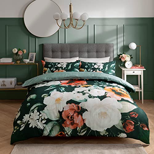 Sleepdown Painted Large Floral Bloom Green White 100% Cotton Duvet Cover Quilt and Pillow Cases Bedding Set Soft Easy Care - Double (200cm x 200cm)