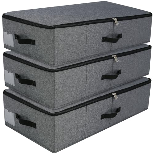 AMJ Large Under Bed Storage Containers, 3 Pack Closet Organizers Bins, Foldable Closet Organizers Storage for Blankets, Towels, Comforter, Sweaters, Linen Sheets, Wrapping Paper (Black Grey)