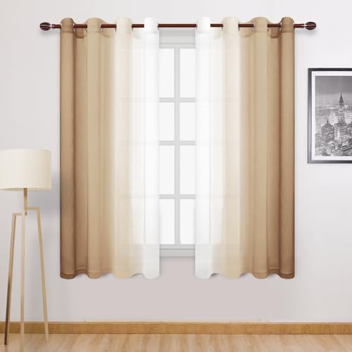 DWCN Taupe Faux Linen Ombre Sheer Curtains - Gradient Semi Voile Curtains for Bedroom and Living Room, Set of 2 Grommet Top Window Curtain Panels, 52 x 72 Inches Long, Taupe