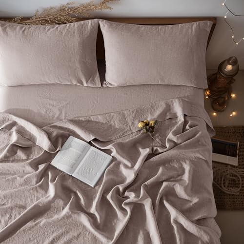 "LBRO2M 100% Linen Sheet Set 16"" Deep Pocket Queen Size,Bed Sheets 4 Piece Sets,Solid Color Natural Flax Bed Sheets Soft Breathable Bedding, All Season (Queen, Mauve Desert)"