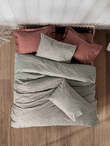 Nuit Des Rêves Ranforce Double Quilt Cover Set (200 x 200 cm), Tile Red, 100% Cotton, 2 Pillowcases (80 x 80 cm), Pigment Printed, Machine Washable, Button Closure