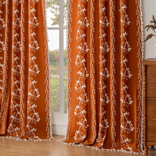 "F-CHU Burnt Orange Floral Curtains Bohemian Drapes 72 Inch Length Cotton Linen Boho Window Curtain with Tassel Rod Pocket Bedroom Macrame Drapes Flower Curtains, 2 Panel 52"" W x 72"" L"