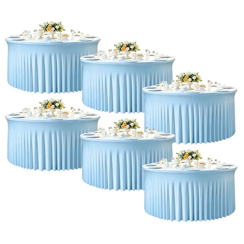 "GALLETY 6 Pack Baby Blue Round Tablecloths for 6FT Tables, 132"" Fitted Round Tablecloth with Skirt, Wrinkle Free Spandex Table Cloth, Stretch Covers for Baby Shower, Wedding Venue & Vendor Display"