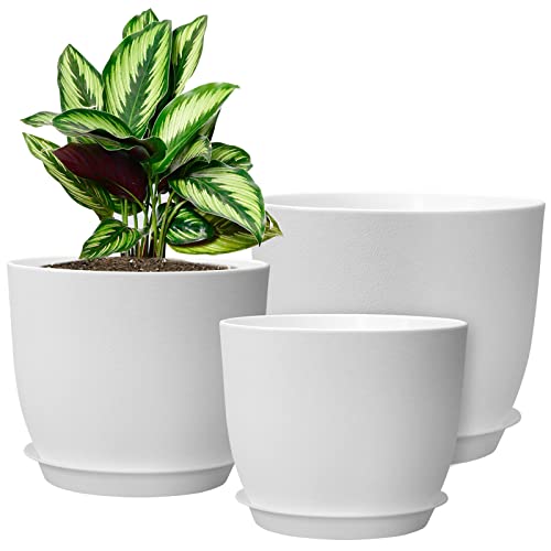 10/9/8 inch Plant Pots, Set of 3 Modern Decorative Plastic Planters with Drainage Holes and Saucers for House Plants Indoor Flowers Plants, White