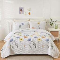 "Dinjoy Floral Quilt Set King 3 Pieces Blue & Yellow Quilts Coverlet Set Bohemian Summer Bedspread Lightweight Farmhouse Bed Coverlet for Spring All Season(110""x90"")"