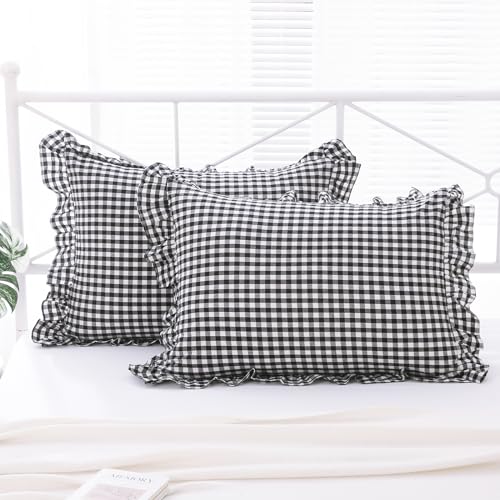K MASANIJI 2 Pack Black and White Plaid Ruffle Gingham Standard Pillow Shams 20x26 inches, Washed Cotton Checkered Farmhouse Shabby Pillow Covers for Bed/Sofa (20x26 inches, Black/White Plaid)