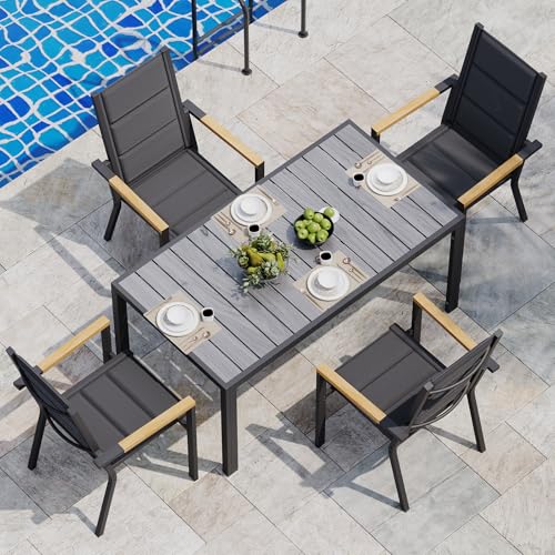 JUMMICO 4-Seater Garden Furniture Set, 150cm Wood Grain Table with 4 Stackable Aluminium Outdoor Chairs, Ideal for Patio, Garden & Poolside, Grey