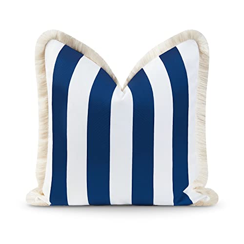 "Hofdeco Premium Coastal Hampton Style Patio Indoor Outdoor Pillow Cover Only, 20""x20"" Water Resistant for Backyard, Couch, Navy Blue Stripe Fringe"