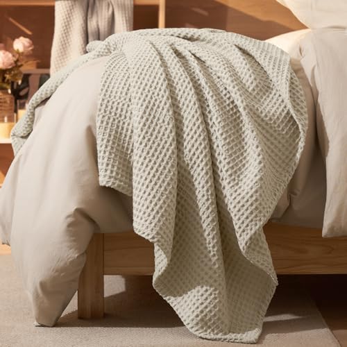 "PHF Ultra Soft Waffle Weave Throw Blanket 50""x 60""- Washed Lightweight Breathable Cozy Woven Blanket Perfect for Spring Summer - Great Decor for Couch Bed Sofa Home Car - Light Khaki/Linen"