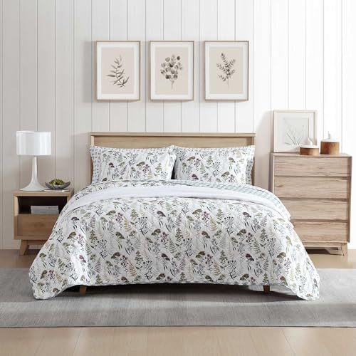 Eddie Bauer - Queen Quilt Set, Reversible Cotton Bedding with Matching Shams, Classic Floral Home Decor with Plaid Reverse (Flower Field Green, Queen)