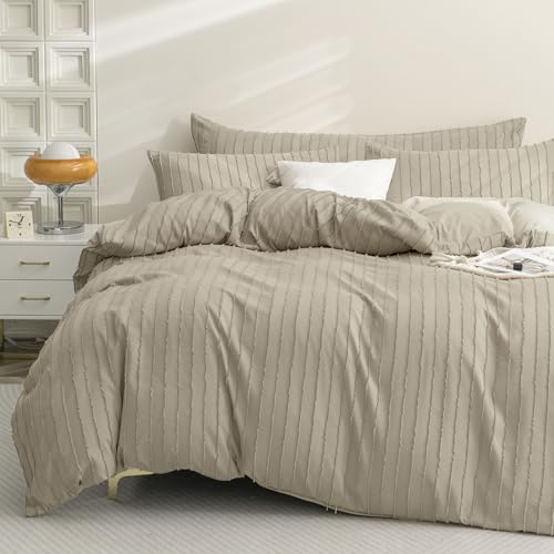 JELLYMONI Khaki Duvet Cover Queen Size Bedding - 3PCS Microfiber Boho Striped Tufted Textured Duvet Cover with Corner Ties & Zipper Closure