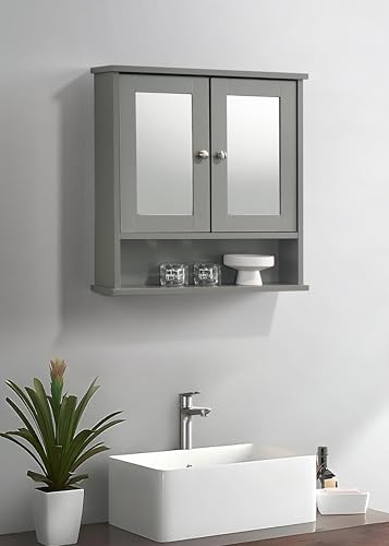 Timber Art Design UK Bathroom Mirror Cabinet with 2 Shelves Wall-Mounted Grey – Modern Storage for Bathroom Compact & Stylish Mirror Cabinet Space-Saving Organizer