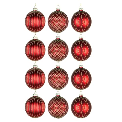 12Pcs/80mm Glass Baubles Christmas Tree Balls Spheres Hanging Ornaments Set Assorted Designs Xmas Tree Decorations, Red Golden