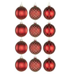 12Pcs/80mm Glass Baubles Christmas Tree Balls Spheres Hanging Ornaments Set Assorted Designs Xmas Tree Decorations, Red Golden