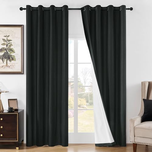 Joydeco 100% Blackout Curtains 84 Inch Length 2 Panels Set, Black Out Curtains for Bedroom Windows 84 Inch Long, Black Curtains for Living Room Thermal Insulated Drapes(W52 x L84 Inch, Black)