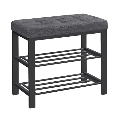 SONGMICS Shoe Bench, 3-Tier Shoe Rack for Entryway, Storage Organiser with Foam Padded Seat, Linen, Metal Frame, for Living Room, Hallway, 31 x 60 x 49 cm, Dark Grey and Black LBS576B01