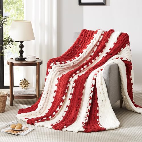 L'AGRATY Chunky Knit Throw Blanket for Couch, 72 x 84 Inches, Red White - Handmade Chenille Crochet Blanket for Sofa Bed, Thick Cable Knitted Blankets for Room Home Decor, Birthday Gift for Women Mom
