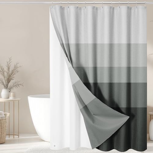 Nesphy Waffle 3 in 1 Shower Curtain Set, Black Ombre Grey Striped Shower Curtain and PEVA Liner Set with 12 Rust-Resistant Metal Hooks, Waterproof Fabric Shower Curtains for Bathroom, 72 W x 72 H